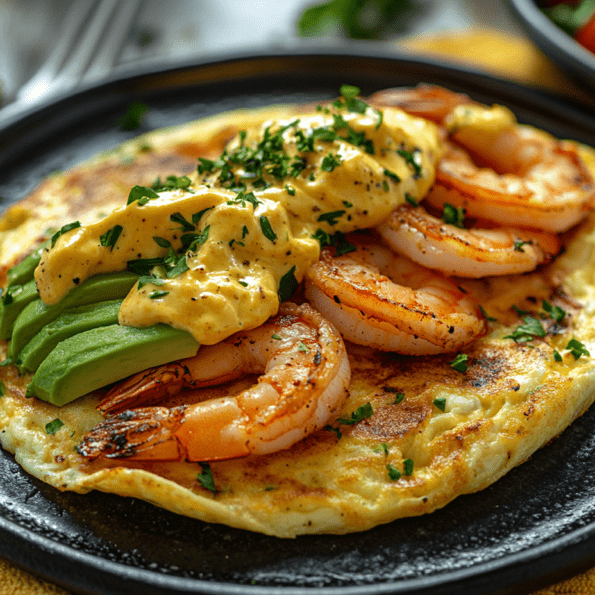 Tortilla keto con langostinos y palta.