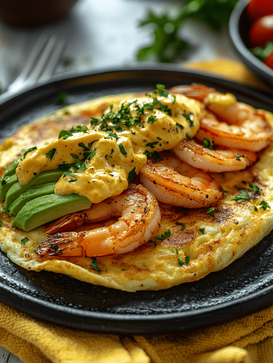 Tortilla keto con langostinos y palta.