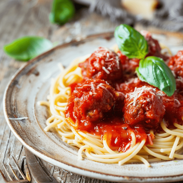 Spaguettis con albondigas vegetarianas y salsa marinara