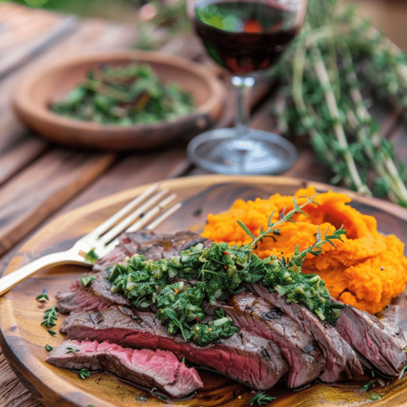 Vacio con chimichurri y pure de zanahorias
