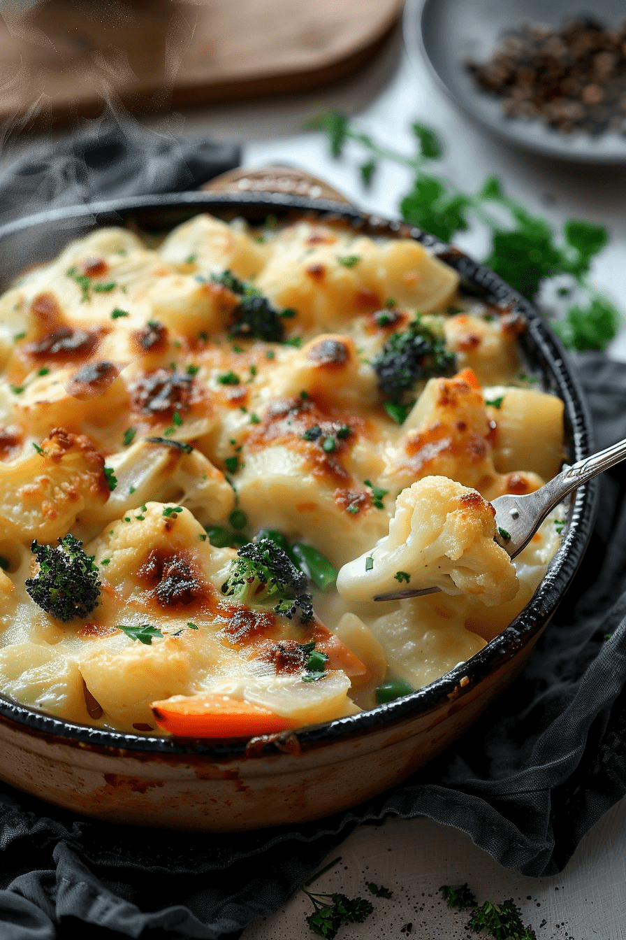 Verduras gratinadas con salsa blanca y queso gruyere